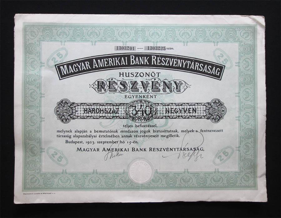 Magyar Amerikai Bank részvény 25x340 korona 1923
